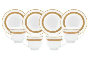 Porcelain Tea Set 8 Piece - 5.75 inch Saucers, 8.5 oz Cups - Gorgeous White with Gold Rope Design - Dish Set for Tea Parties, Cappuccino, Black Tea, Vintage Kitchen Decor (Rope Gold 3008, 8 Piece)