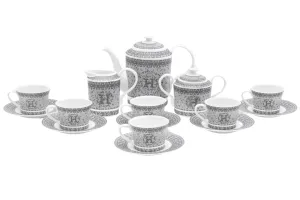Porcelain Tea Set for 6 - Cups (6 oz) and Saucers - 17 Piece Tea Party Set for Black Tea, Cappuccino or Decor - Gorgeous Mosaic Design with Silver Accents - For All Occasions (17 Piece Set)