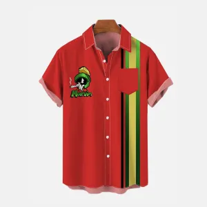 Retro Camping Striped And Cartoon Character Printing Breast Pocket Short Sleeve Shirt