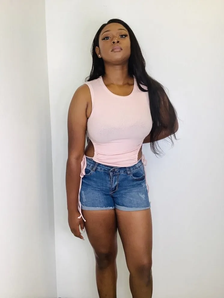 Ribbed Drawstring Open Side Top - Rose