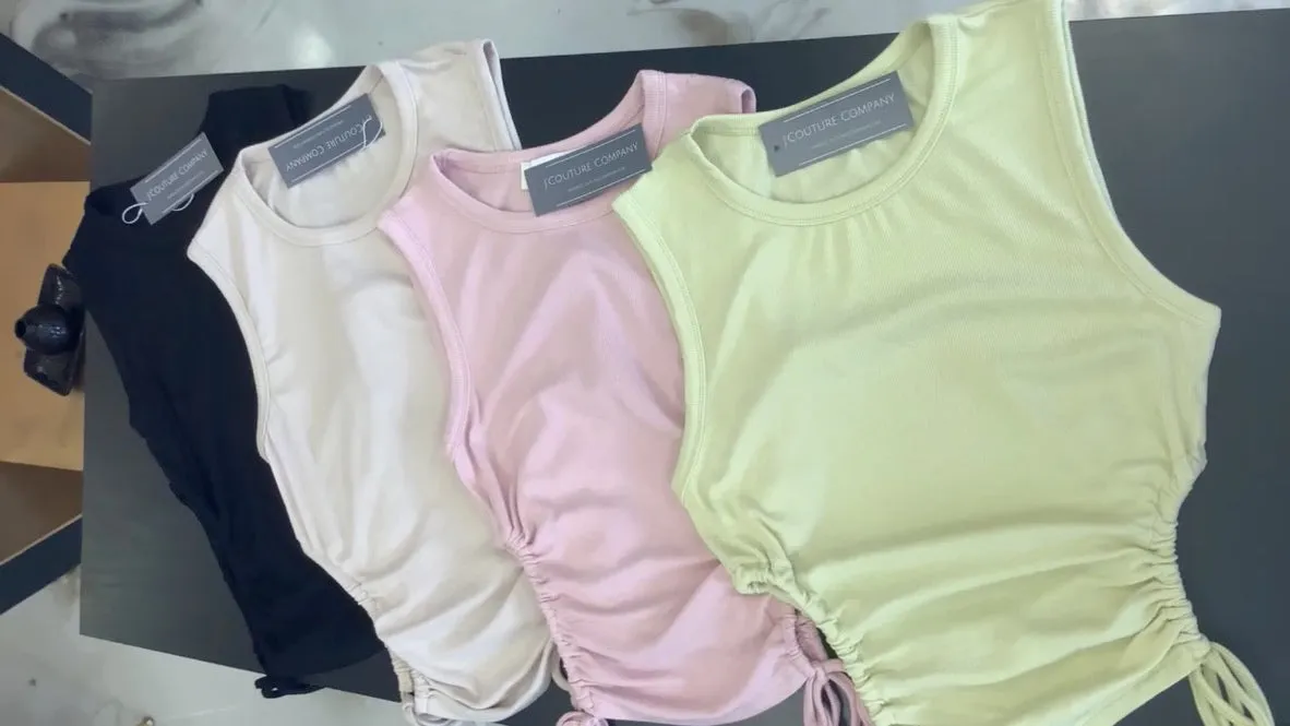Ribbed Drawstring Open Side Top - Rose