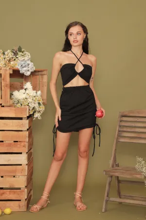 RISETTE SET Halter Multiway Top with Tie Mini Skirt (Black Ribbed Stretch)