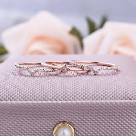 Rose Gold Halo Round Cut 3PC Wedding Band Sets