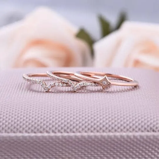 Rose Gold Halo Round Cut 3PC Wedding Band Sets
