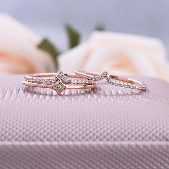 Rose Gold Halo Round Cut 3PC Wedding Band Sets
