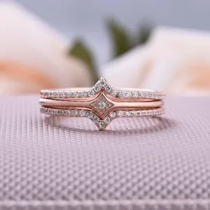 Rose Gold Halo Round Cut 3PC Wedding Band Sets