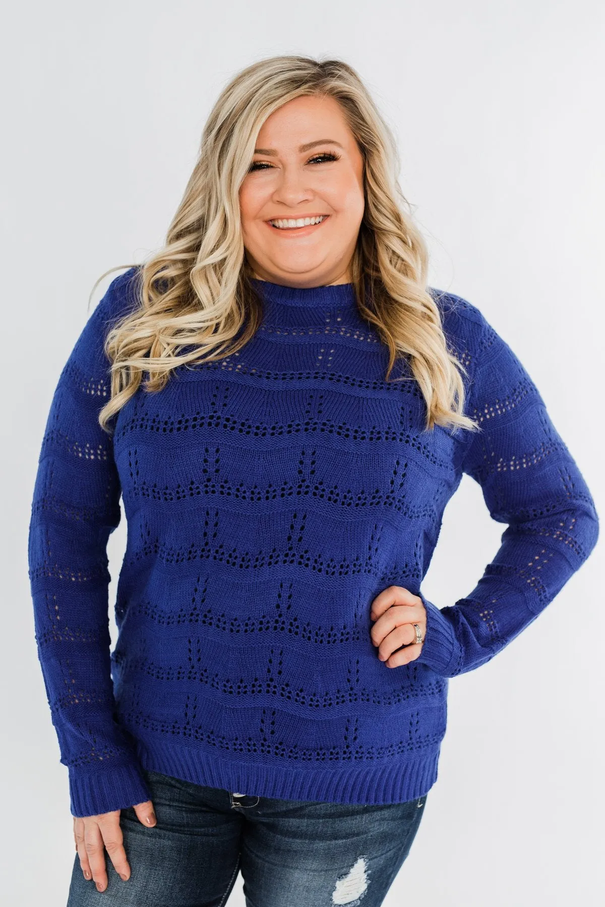Royal Harmony Open Knit Sweater- Royal Blue
