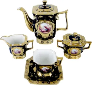 Royalty Porcelain Vintage Tea Set - Tea Party Set for Adults 17 Piece - Gorgeous Hand-Painted Ceramic - Includes Teapot, Tea Cups, Saucers, Sugar Pot, Creamer (Blue and Gold, Square)