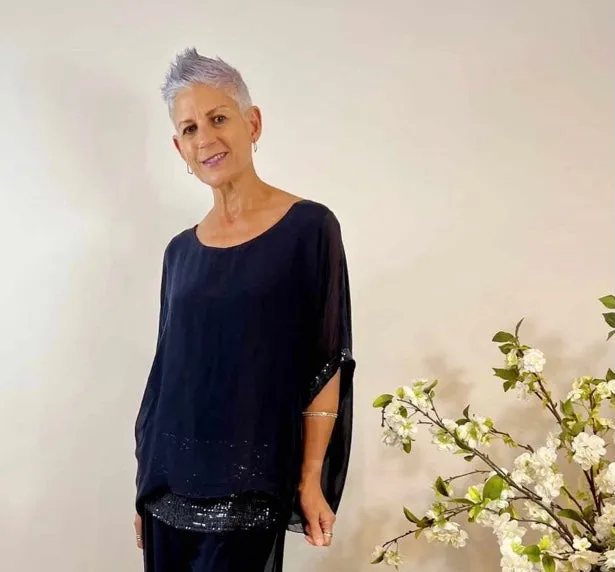 Sequin Trim Silk Top In Navy