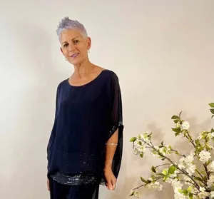 Sequin Trim Silk Top In Navy