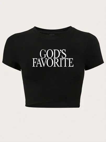 SHEIN TRNDY Women Simple Printed Crop Top Slim Fit T-Shirt GOD'S FAVORITE Graphic Tees Women Tops