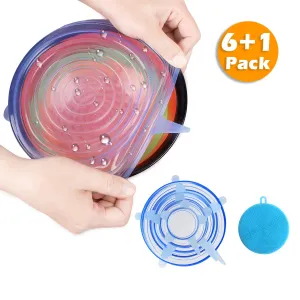 Six-qu Silicone Storage Covers With Dish Brush, 6-Pack of Various Sizes Silicone Stretch Lids for Can, Jar, Glassware, Food Saver Covers Safe in Dishwasher, Microwave and Freezer(Blue)