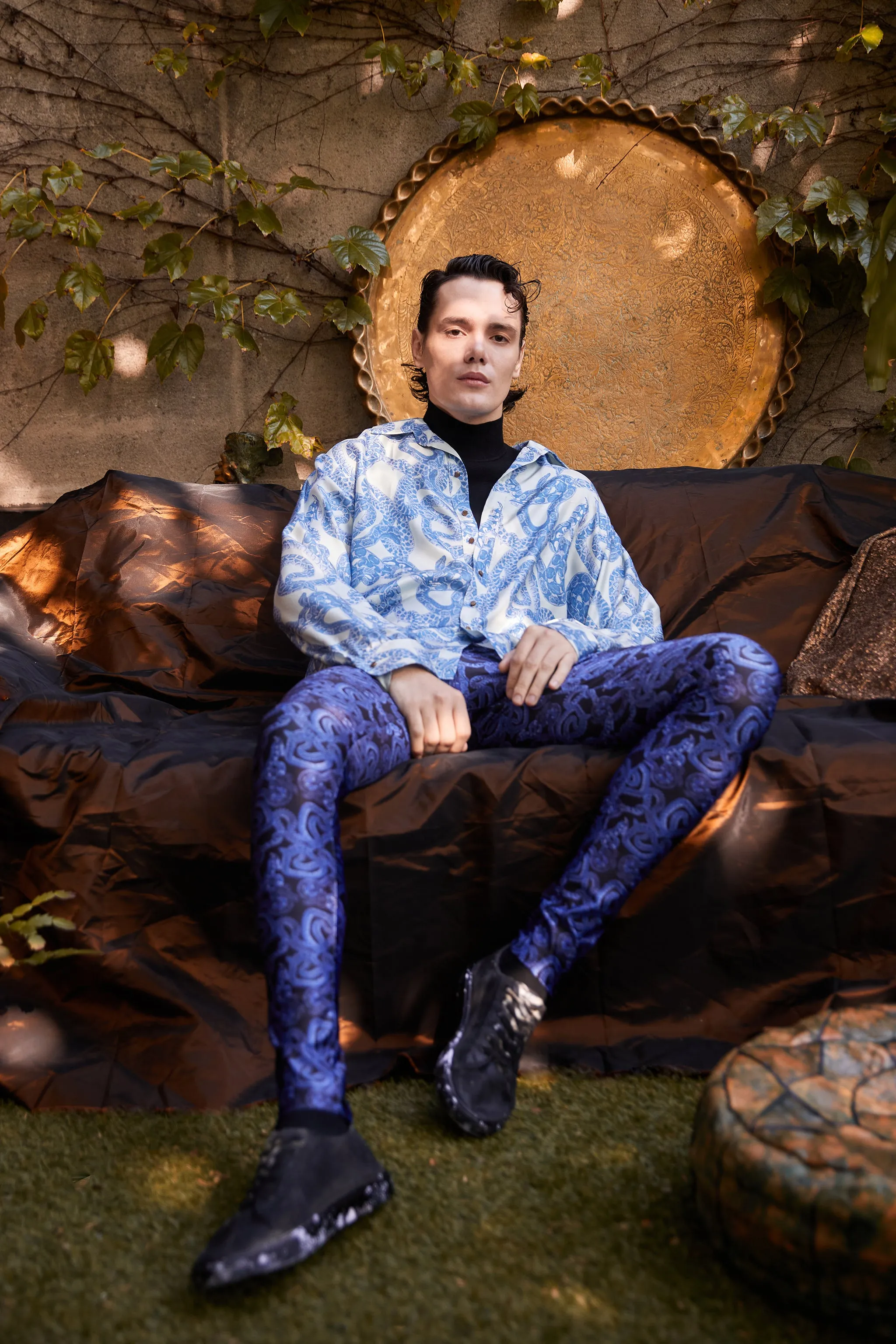 Snake Pant with Velvet Piping - Blue