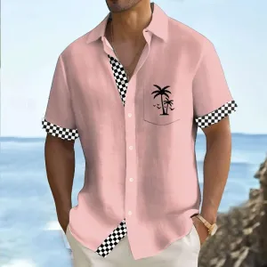 Solid Color Plaid Hawaiian Vacation Print Casual Short-Sleeved Shirt 2406002208