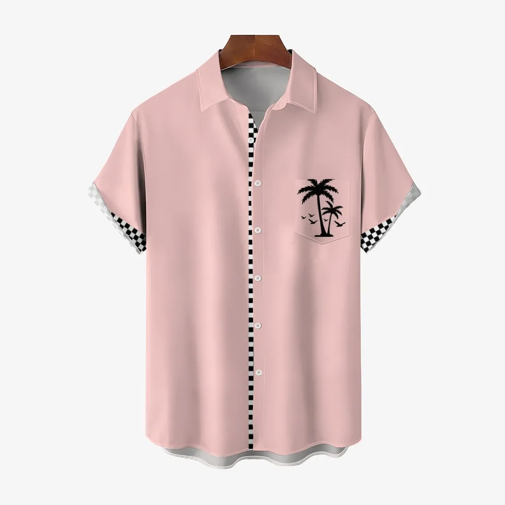 Solid Color Plaid Hawaiian Vacation Print Casual Short-Sleeved Shirt 2406002208