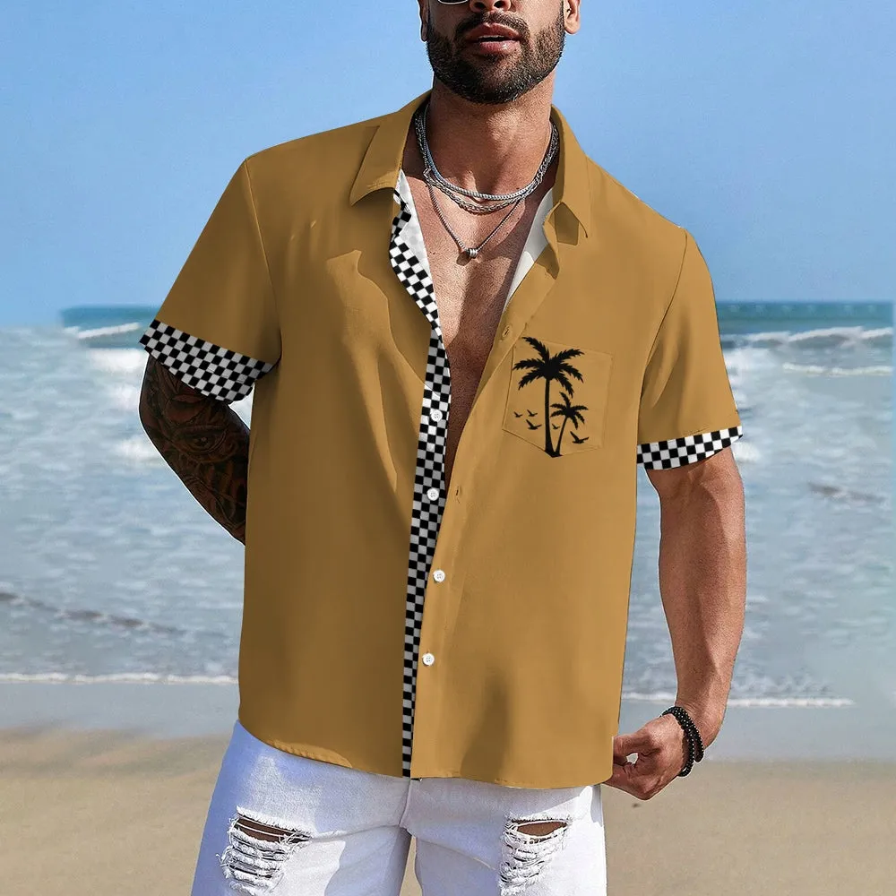 Solid Color Plaid Hawaiian Vacation Print Casual Short-Sleeved Shirt 2406002208