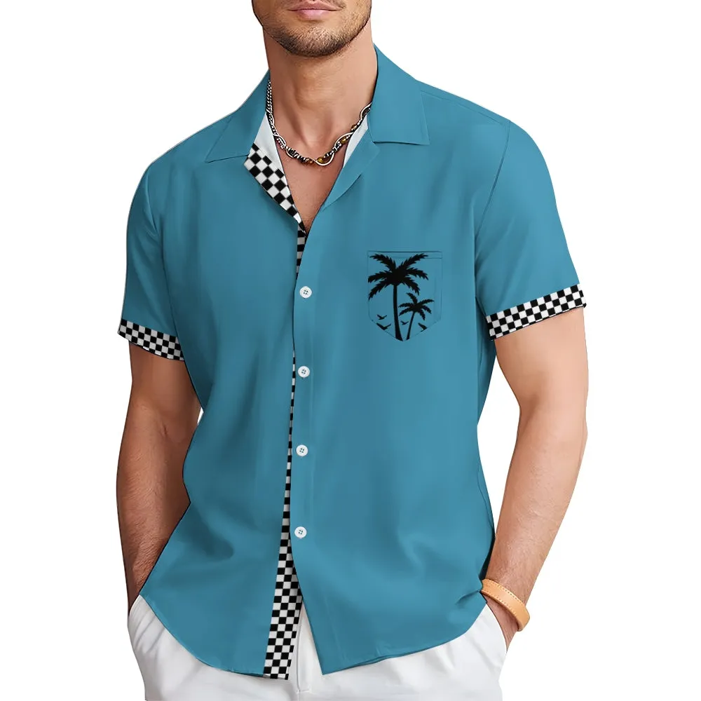 Solid Color Plaid Hawaiian Vacation Print Casual Short-Sleeved Shirt 2406002208