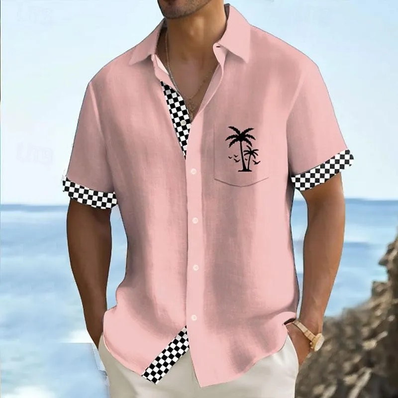Solid Color Plaid Hawaiian Vacation Print Casual Short-Sleeved Shirt 2406002208