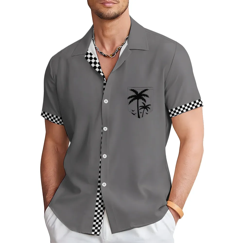 Solid Color Plaid Hawaiian Vacation Print Casual Short-Sleeved Shirt 2406002208