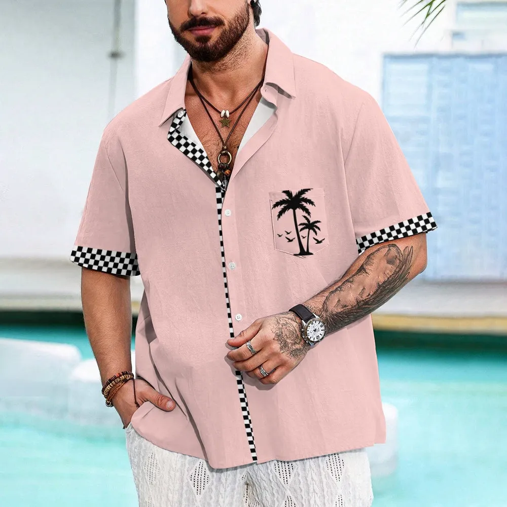 Solid Color Plaid Hawaiian Vacation Print Casual Short-Sleeved Shirt 2406002208