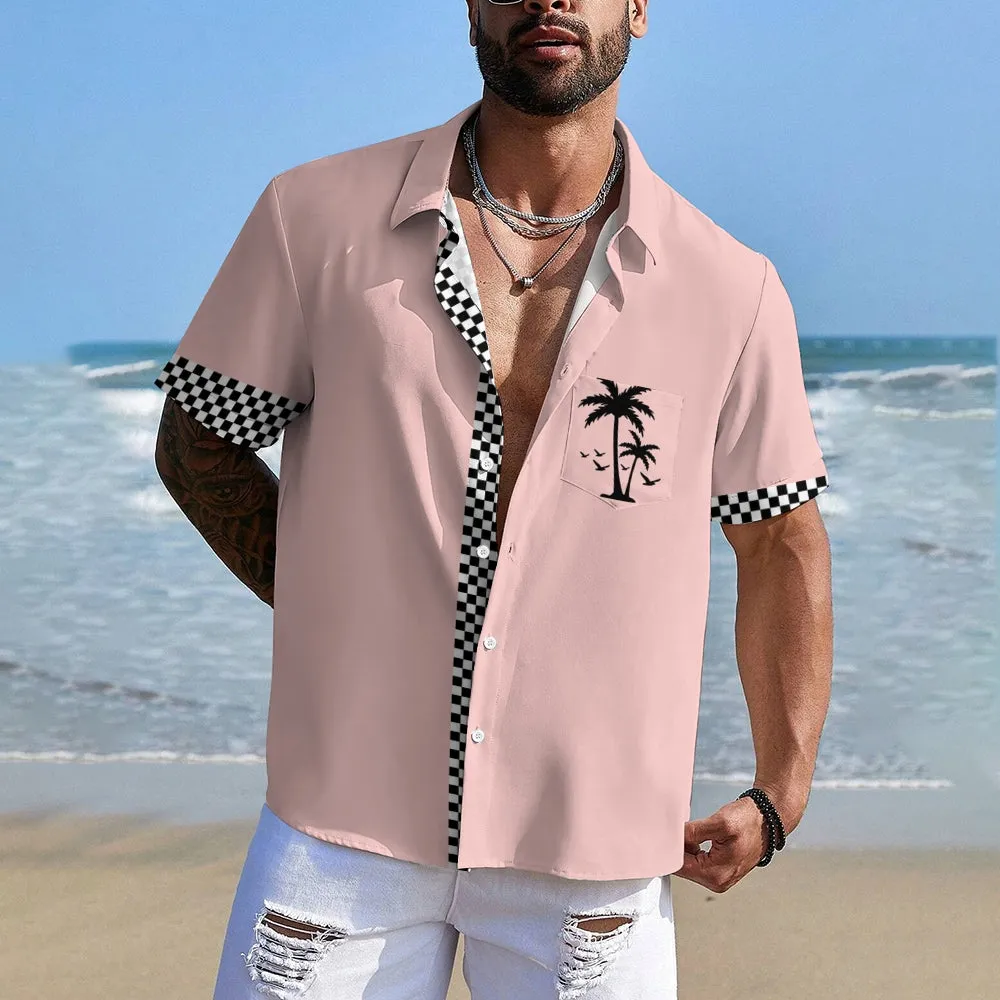 Solid Color Plaid Hawaiian Vacation Print Casual Short-Sleeved Shirt 2406002208