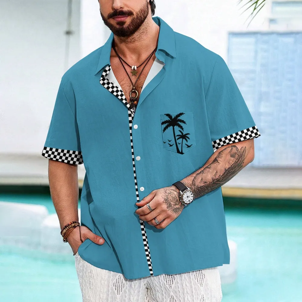 Solid Color Plaid Hawaiian Vacation Print Casual Short-Sleeved Shirt 2406002208