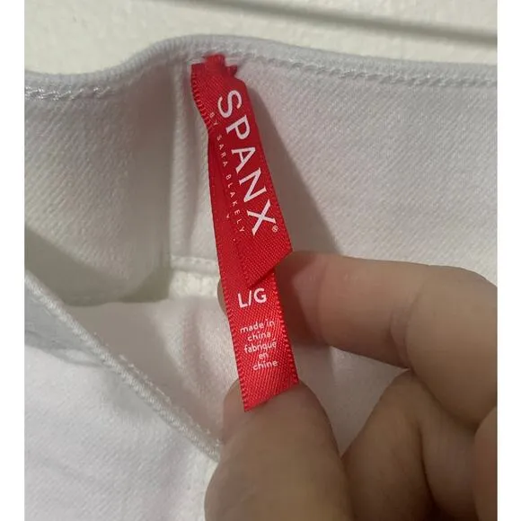 SPANX sz LG Denim Side Stripe Raw Hem Leggings Pants Highrise Flat Front Pull On