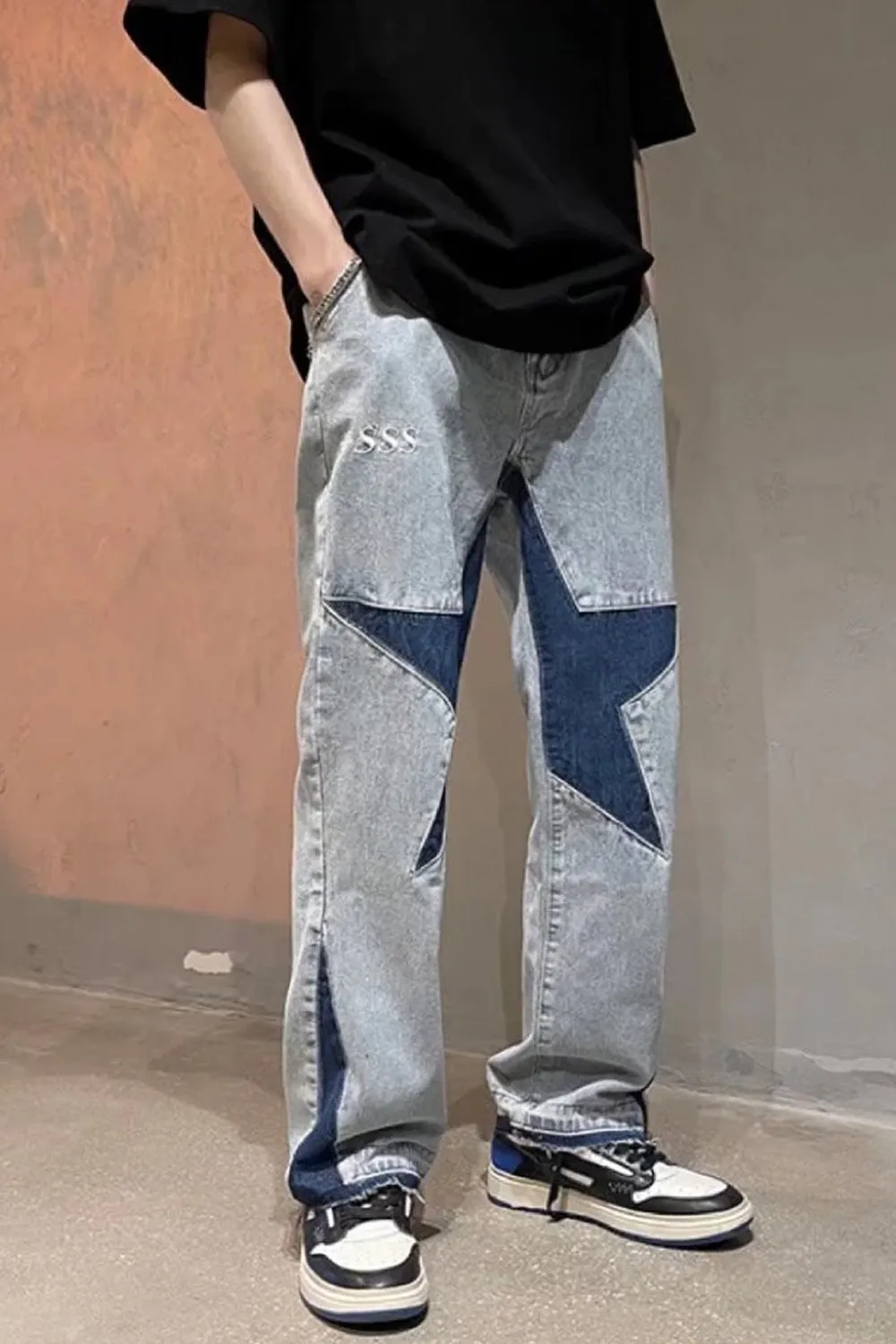 Star Embroidery Patchwork Men Denim Long Pants