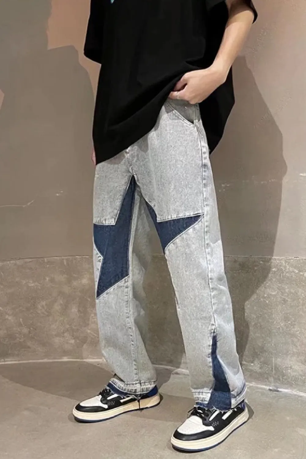 Star Embroidery Patchwork Men Denim Long Pants