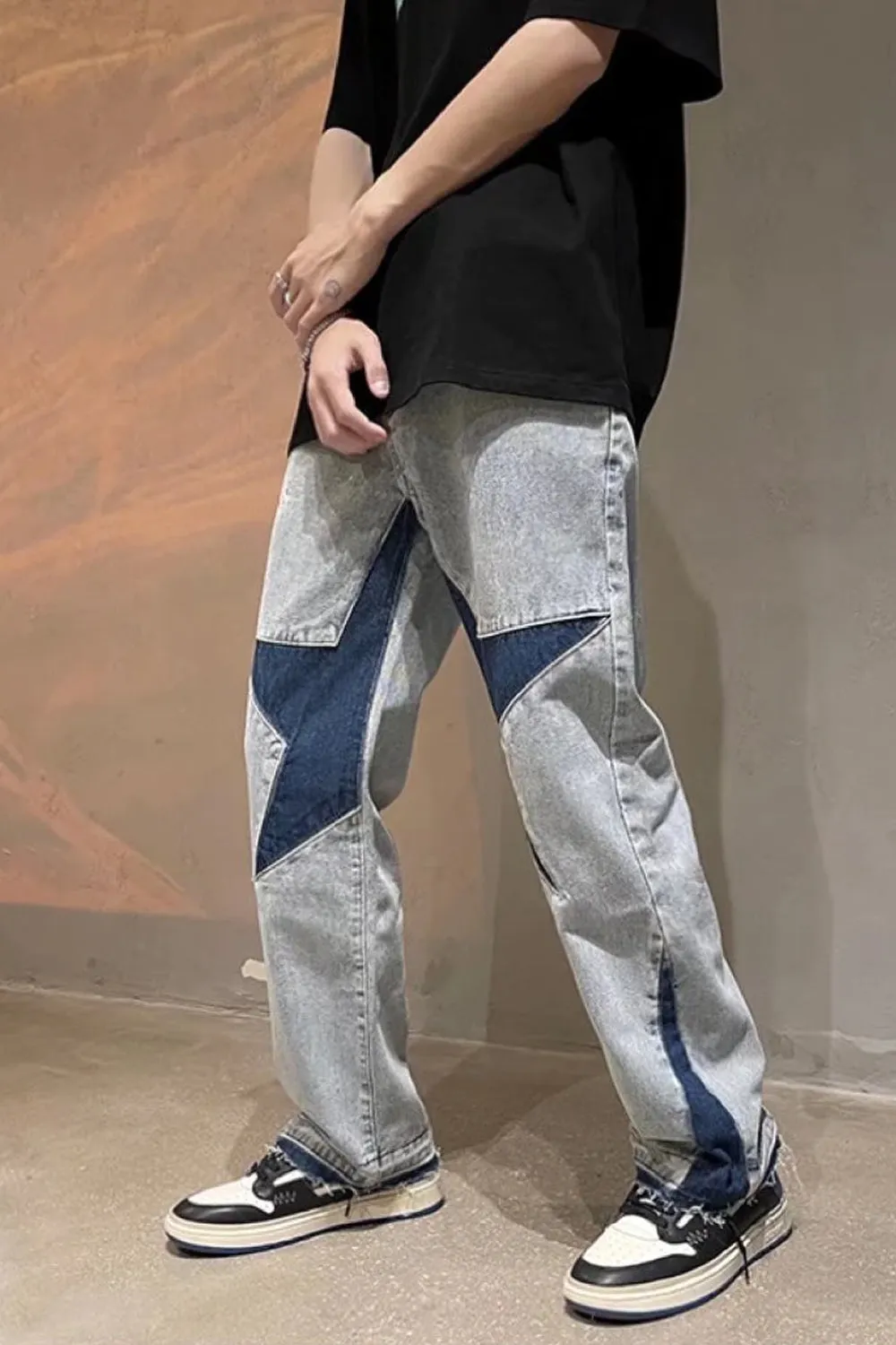 Star Embroidery Patchwork Men Denim Long Pants