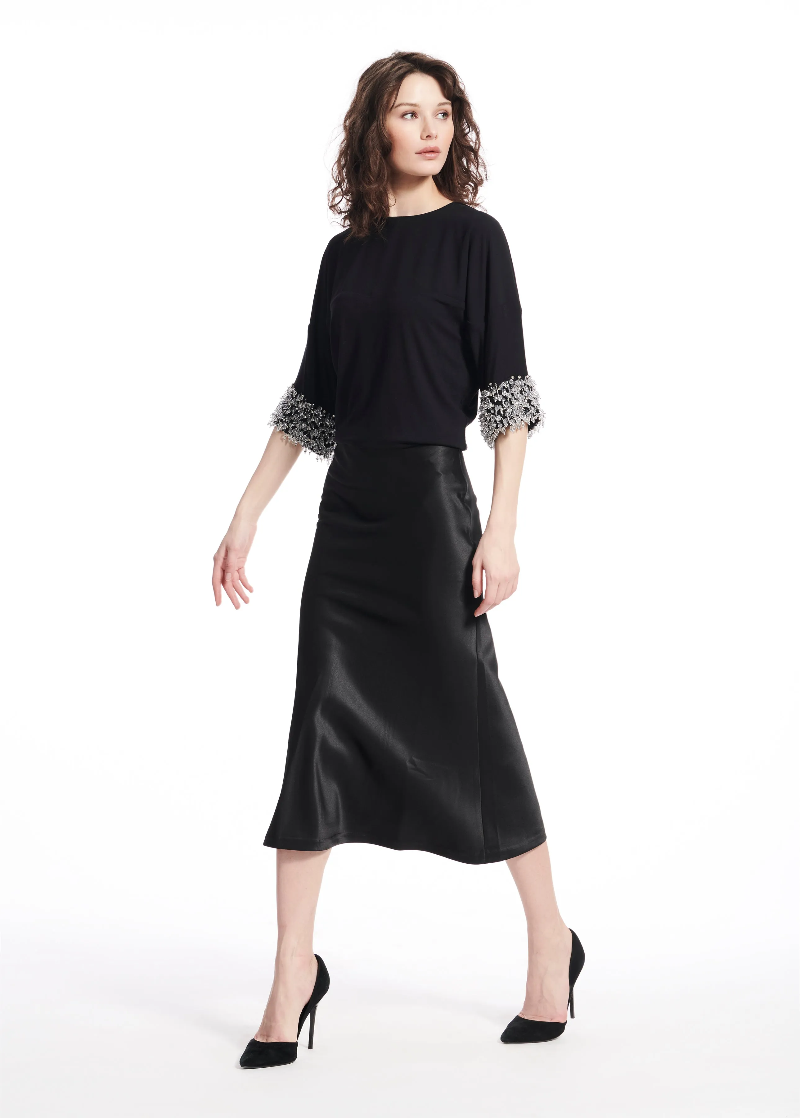 STRETCH SATIN MIDI A-LINE BIAS SKIRT RED