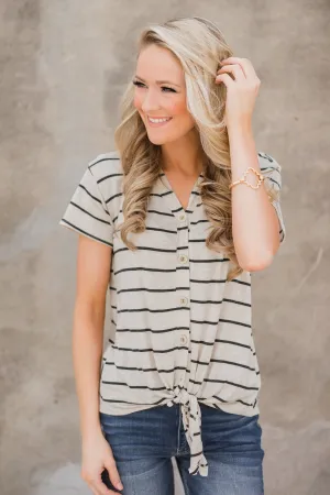 Stunning in Stripes Tie Top- Oatmeal