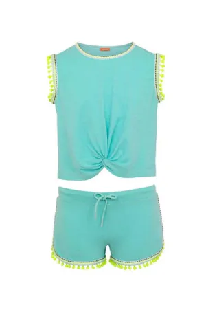 SUNUVA Teen Girl Aqua Pompom Trim Jersey Short Set
