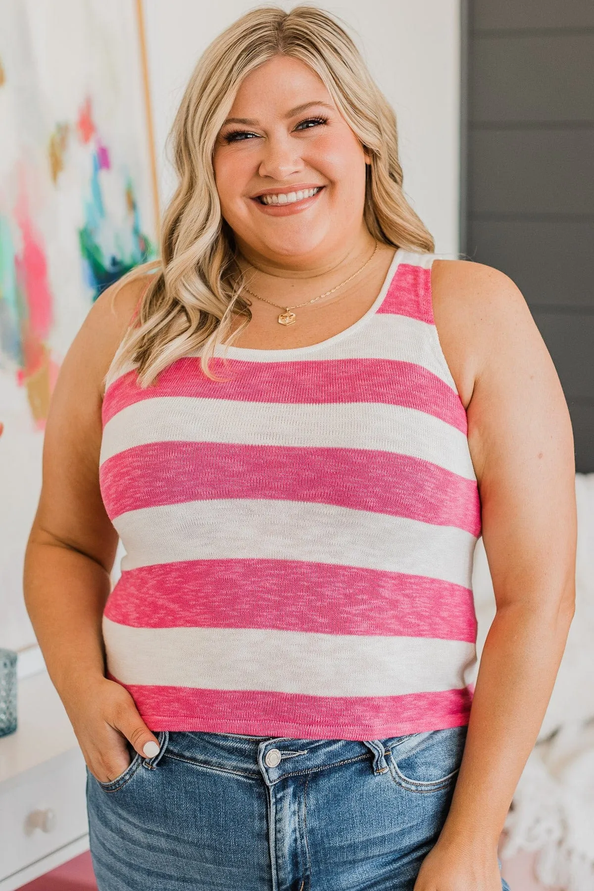 Sweet Optimism Striped Tank Top- Ivory & Hot Pink