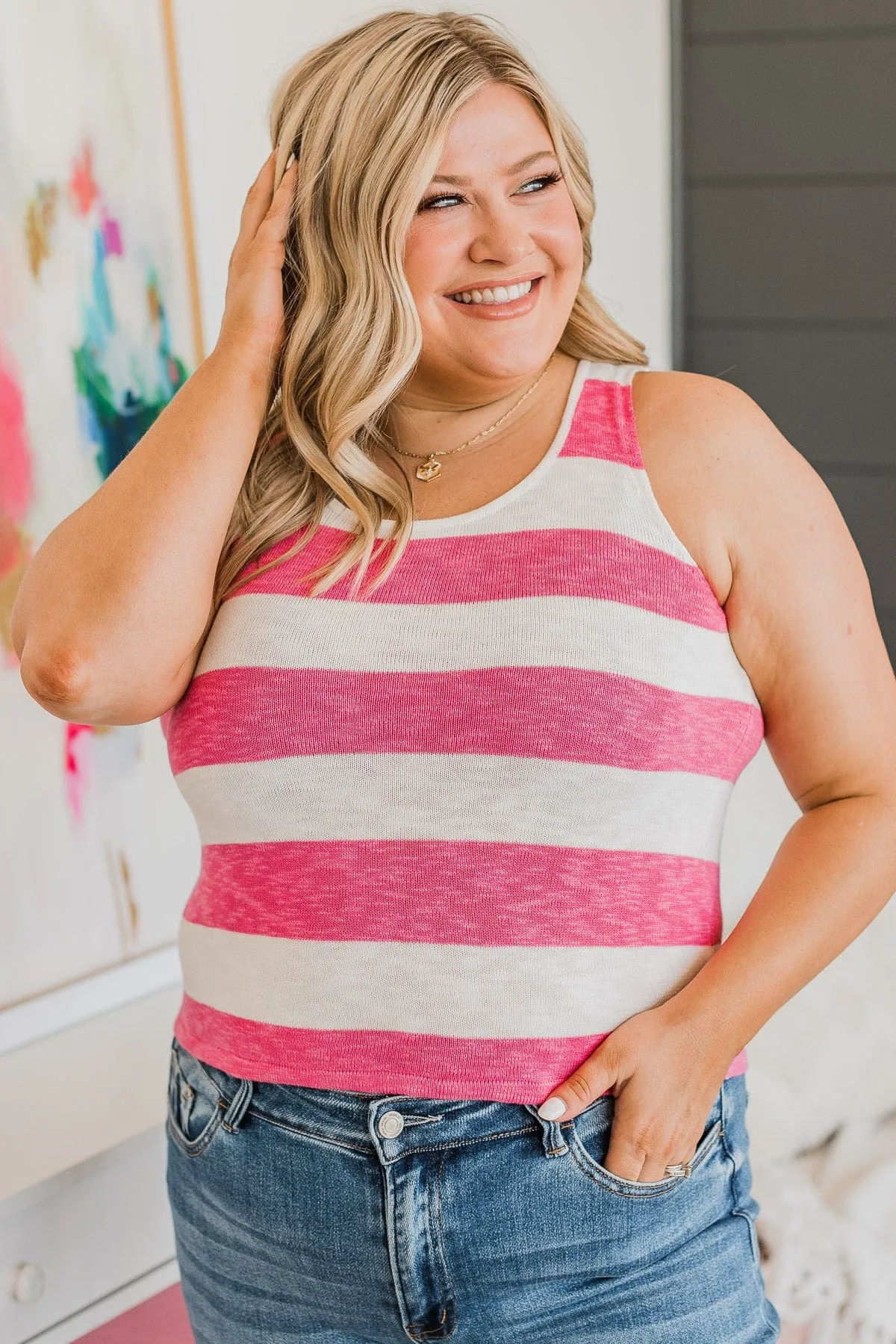 Sweet Optimism Striped Tank Top- Ivory & Hot Pink