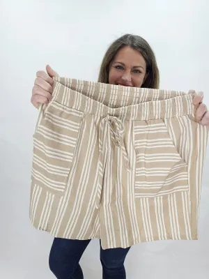 TAUPE STRIPED WOVEN SIDE POCKET SHORTS