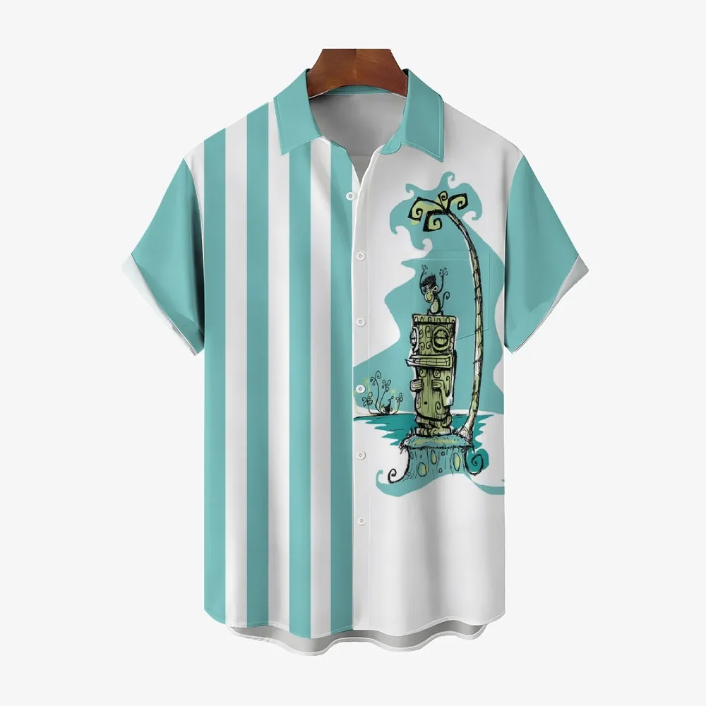 TIKI Art Stripe Print Casual Short Sleeve Shirt 2403000457