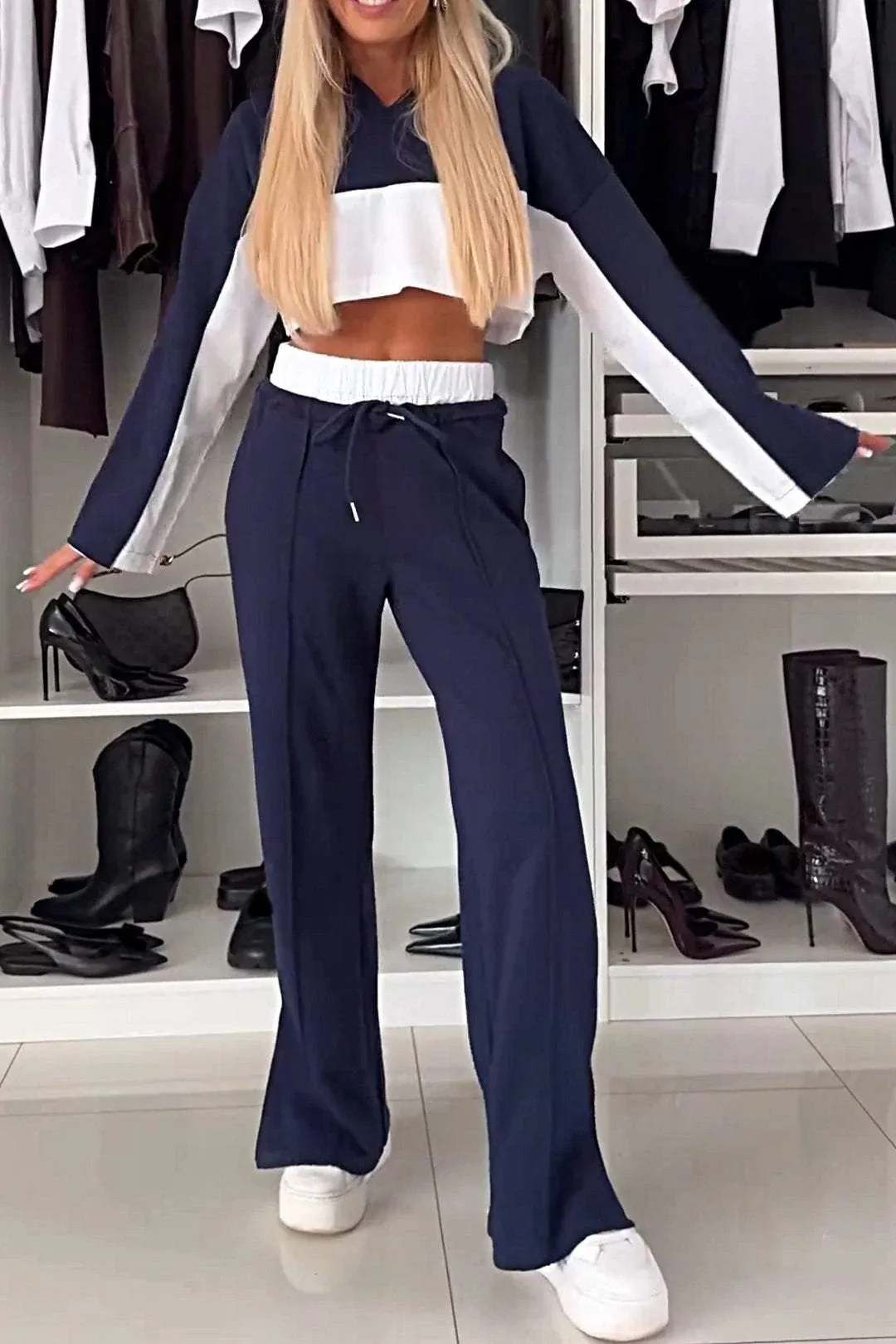 Trendy Color Block Long Sleeve Hoodie and Contrast Pants Two-Piece Set for Effortless Street Style
