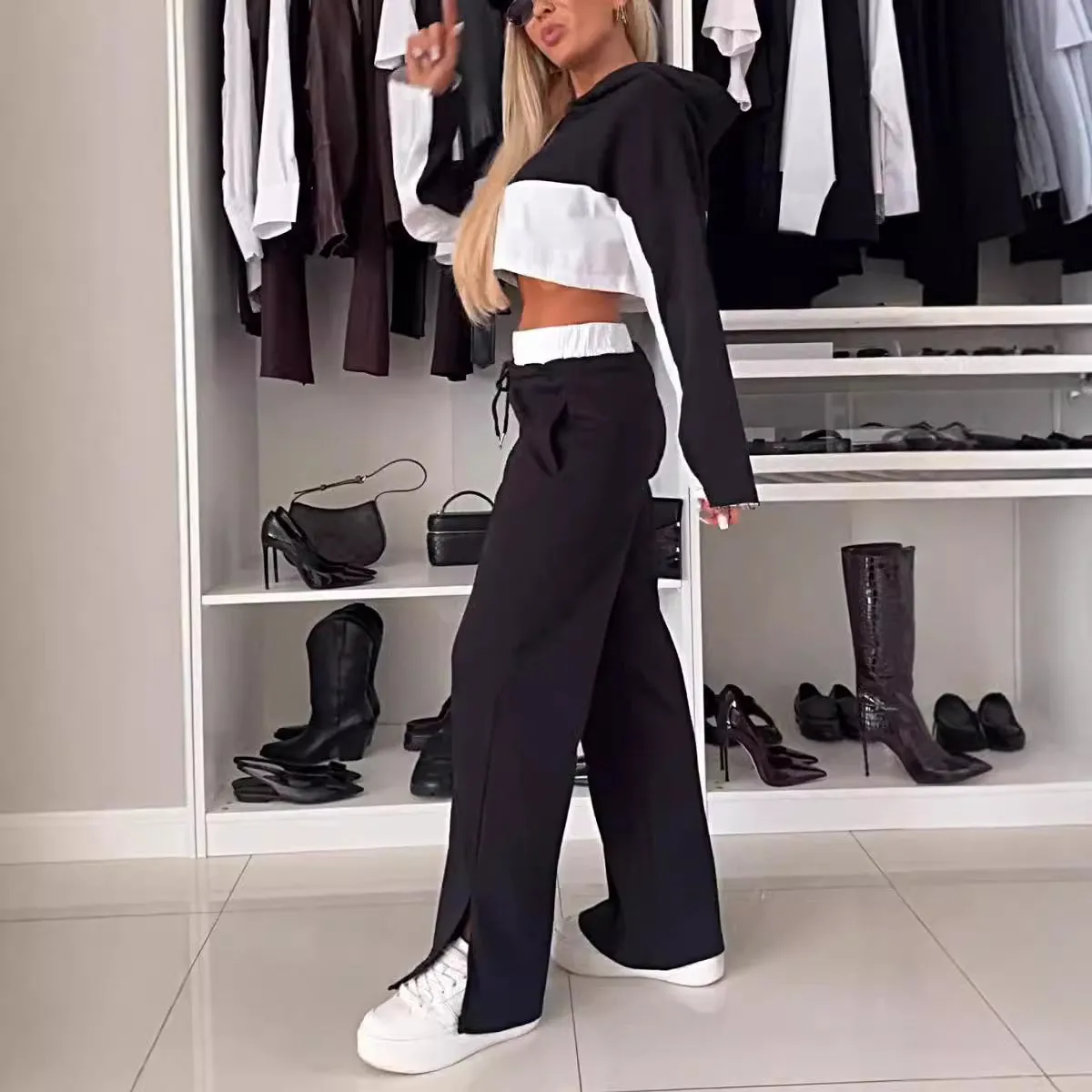 Trendy Color Block Long Sleeve Hoodie and Contrast Pants Two-Piece Set for Effortless Street Style
