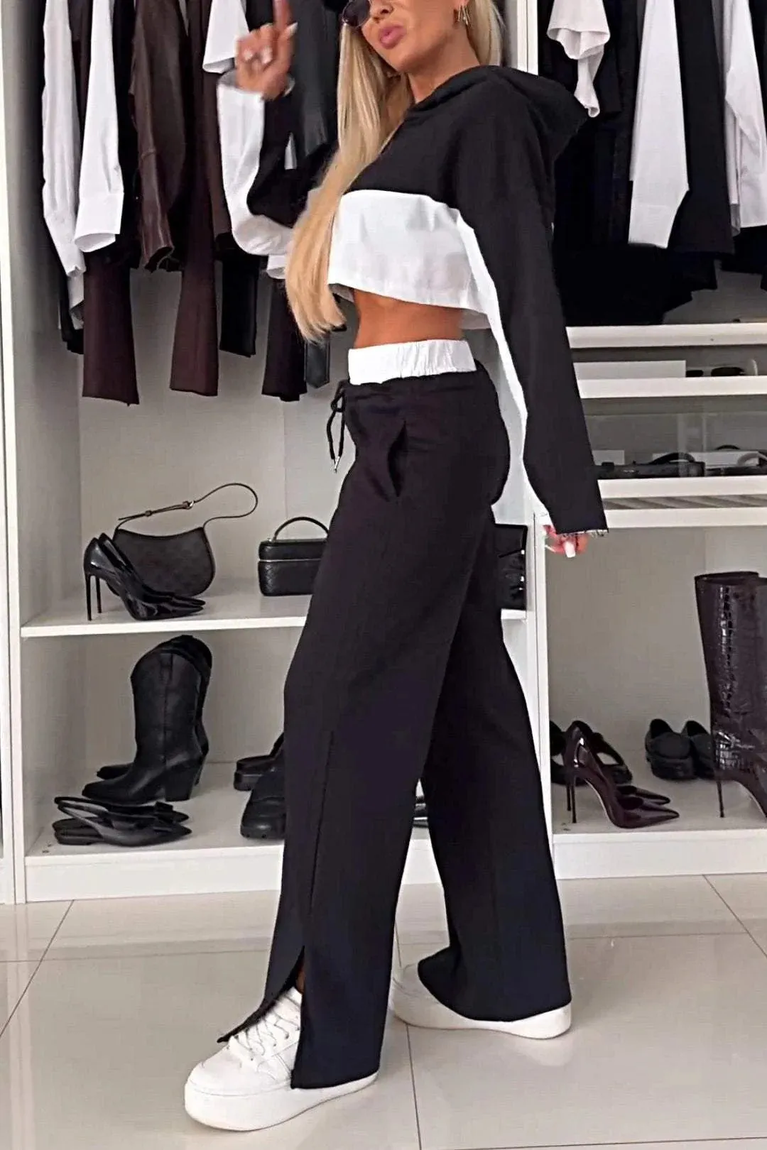 Trendy Color Block Long Sleeve Hoodie and Contrast Pants Two-Piece Set for Effortless Street Style