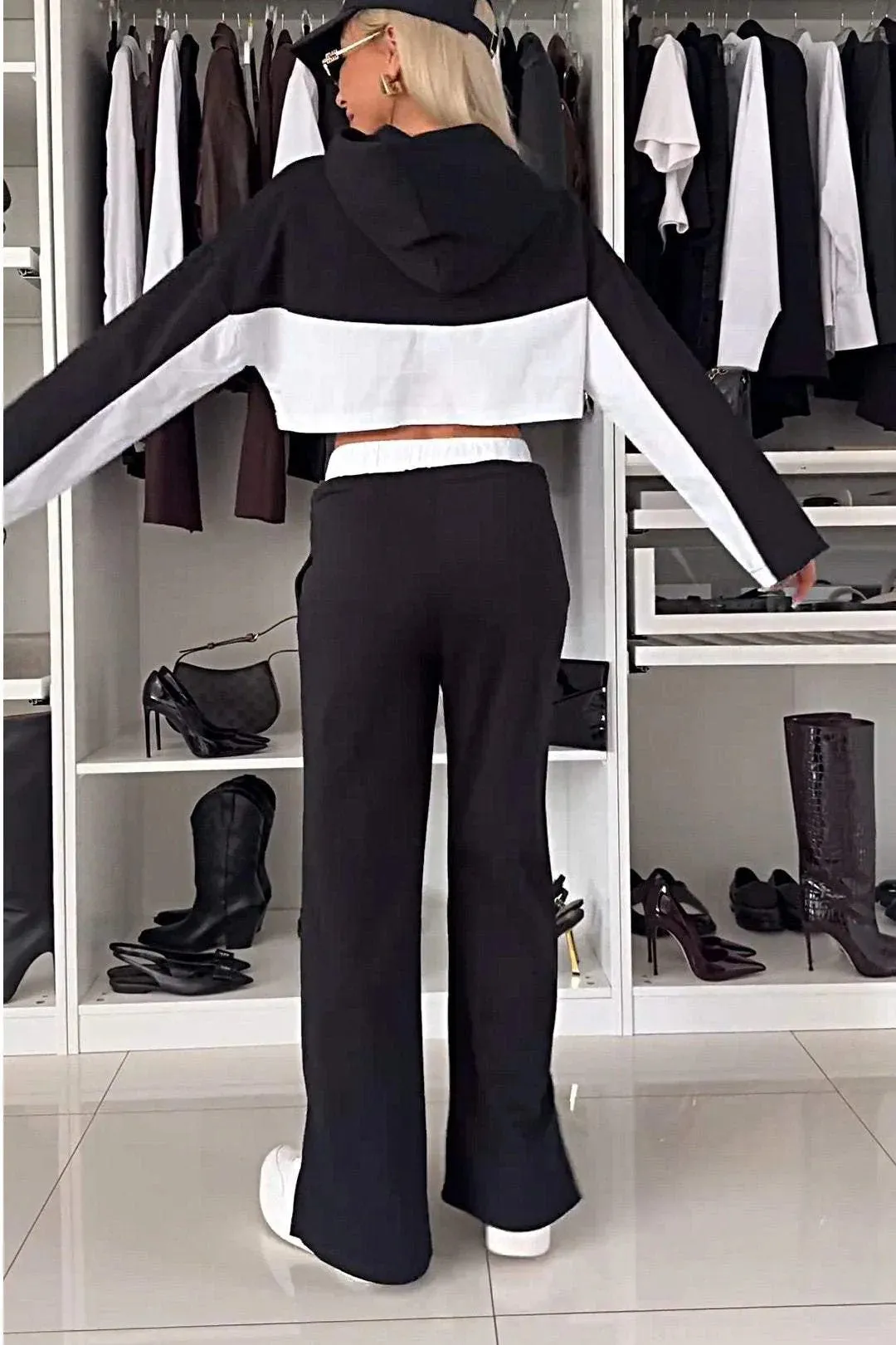 Trendy Color Block Long Sleeve Hoodie and Contrast Pants Two-Piece Set for Effortless Street Style