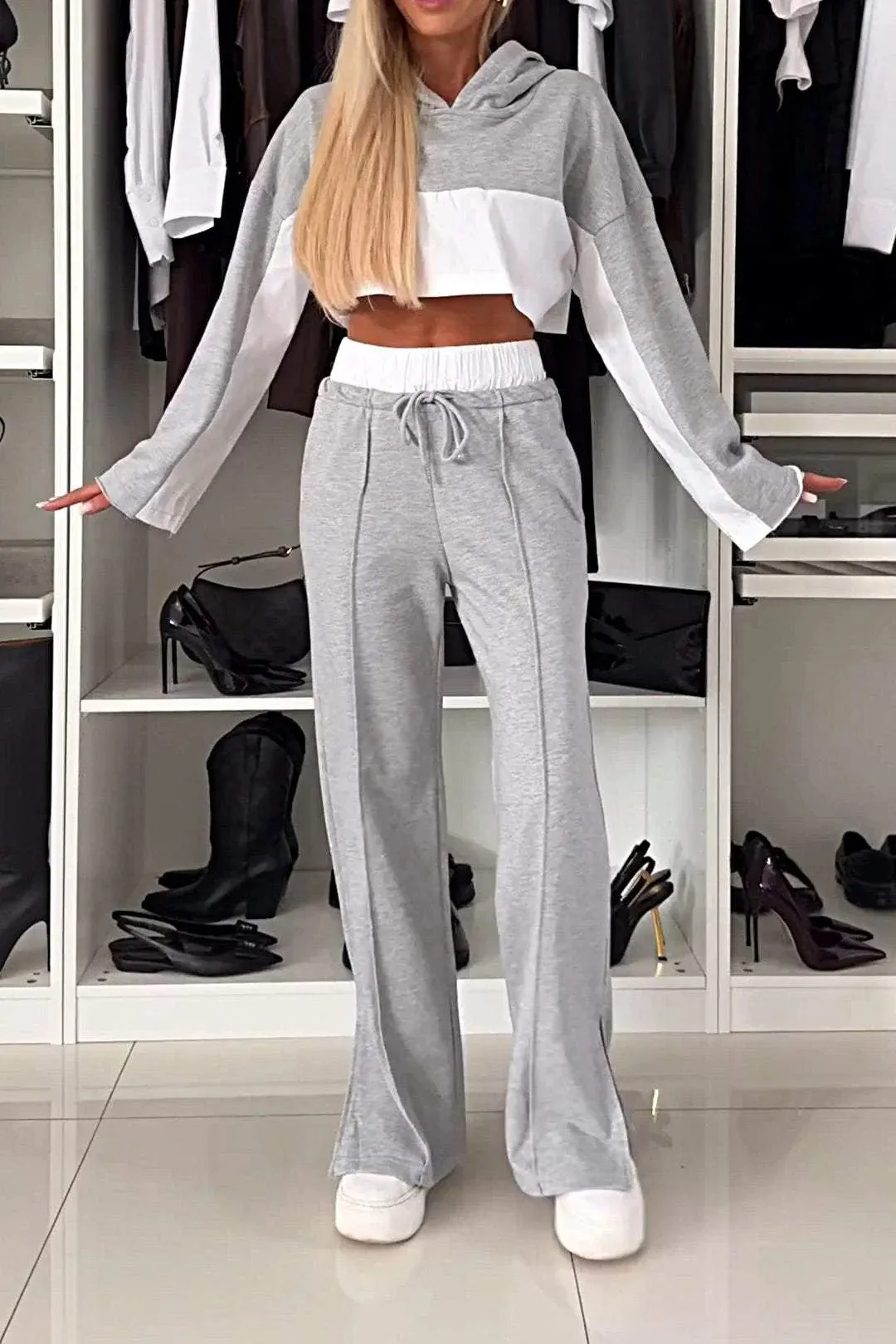 Trendy Color Block Long Sleeve Hoodie and Contrast Pants Two-Piece Set for Effortless Street Style