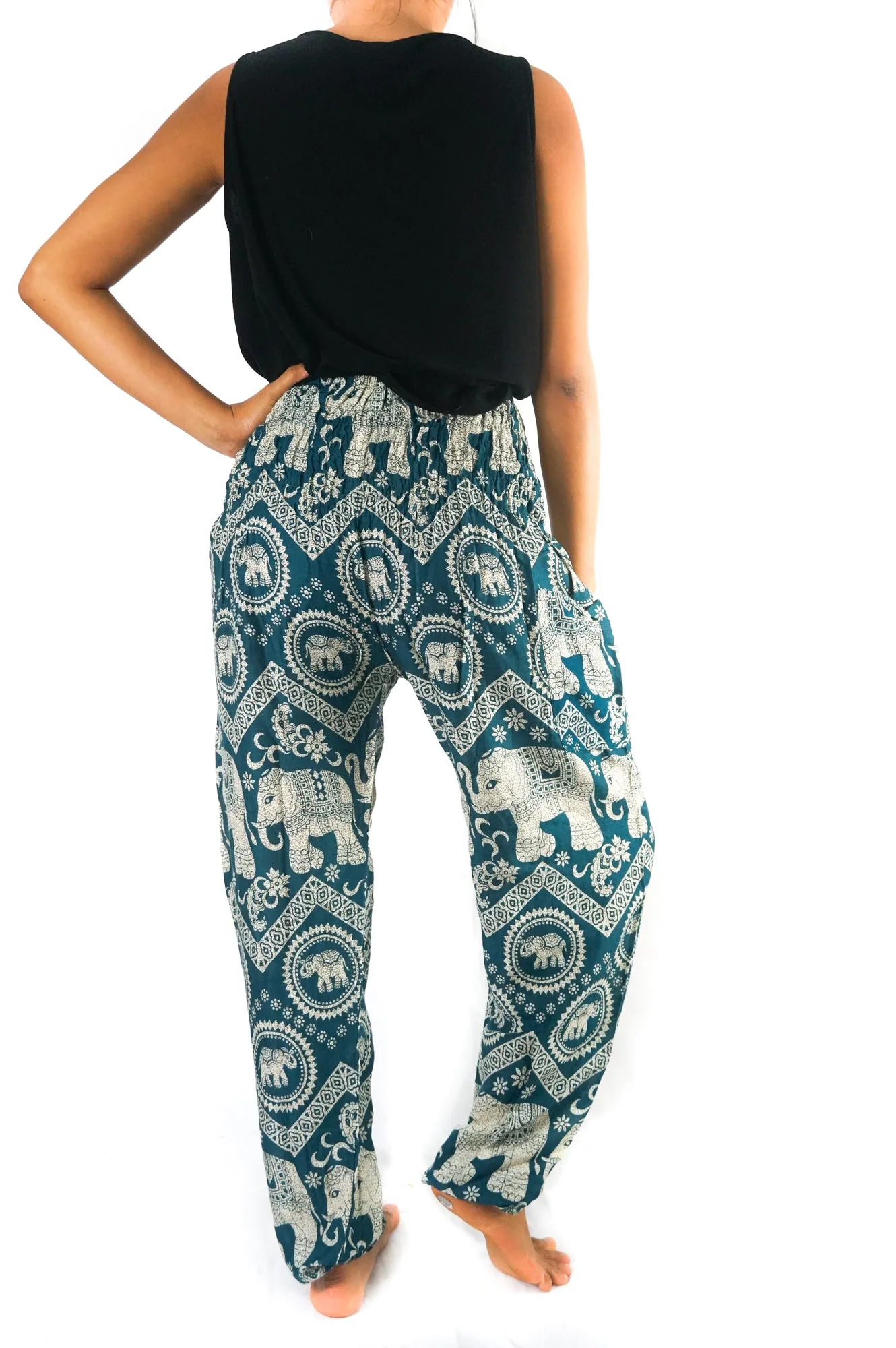 Unisex Bohemian Elephant Chevron Print Harem Pants- Teal