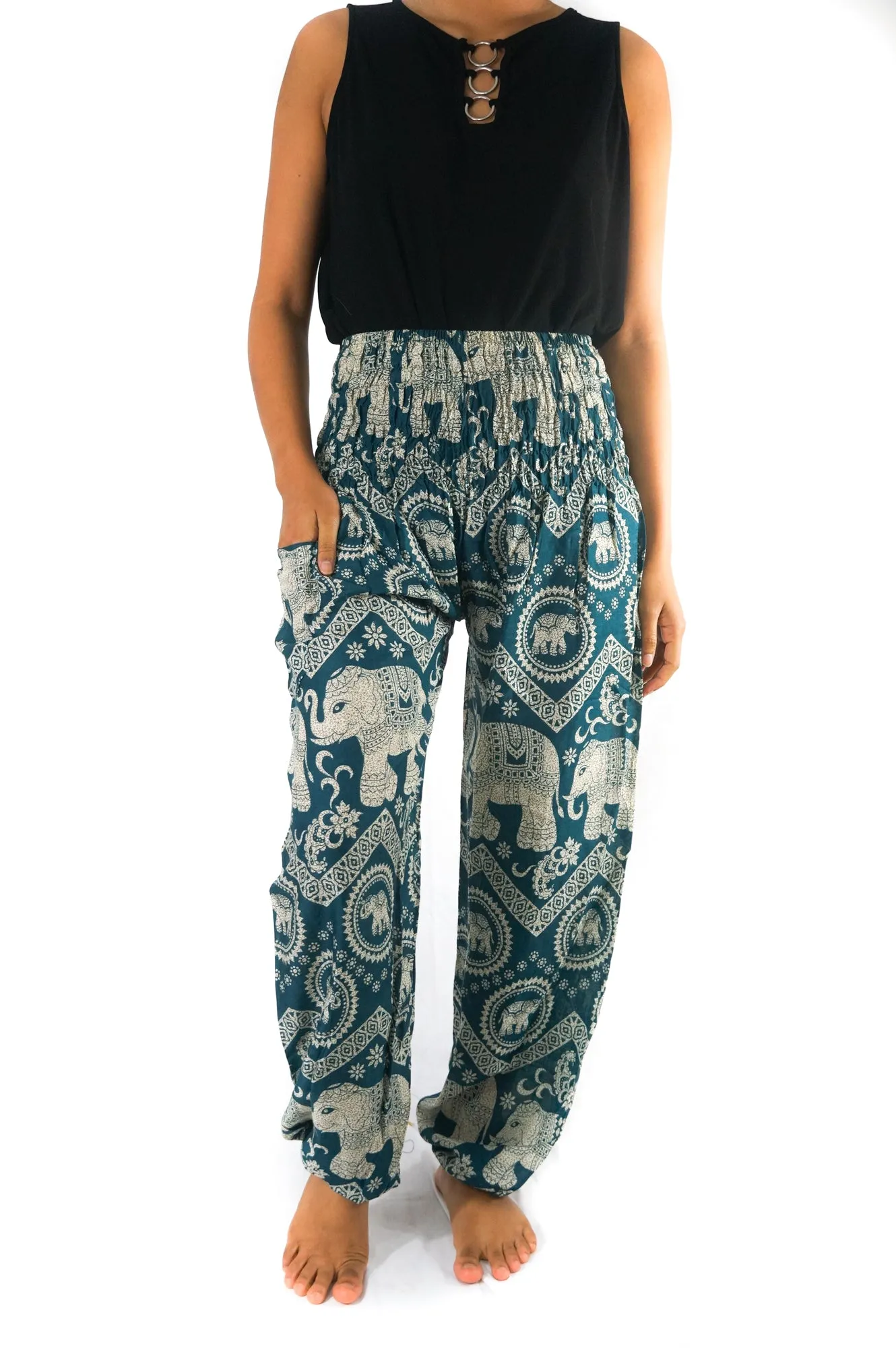 Unisex Bohemian Elephant Chevron Print Harem Pants- Teal