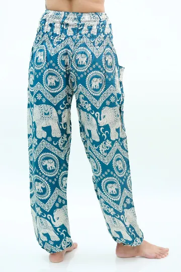 Unisex Bohemian Elephant Chevron Print Harem Pants- Teal