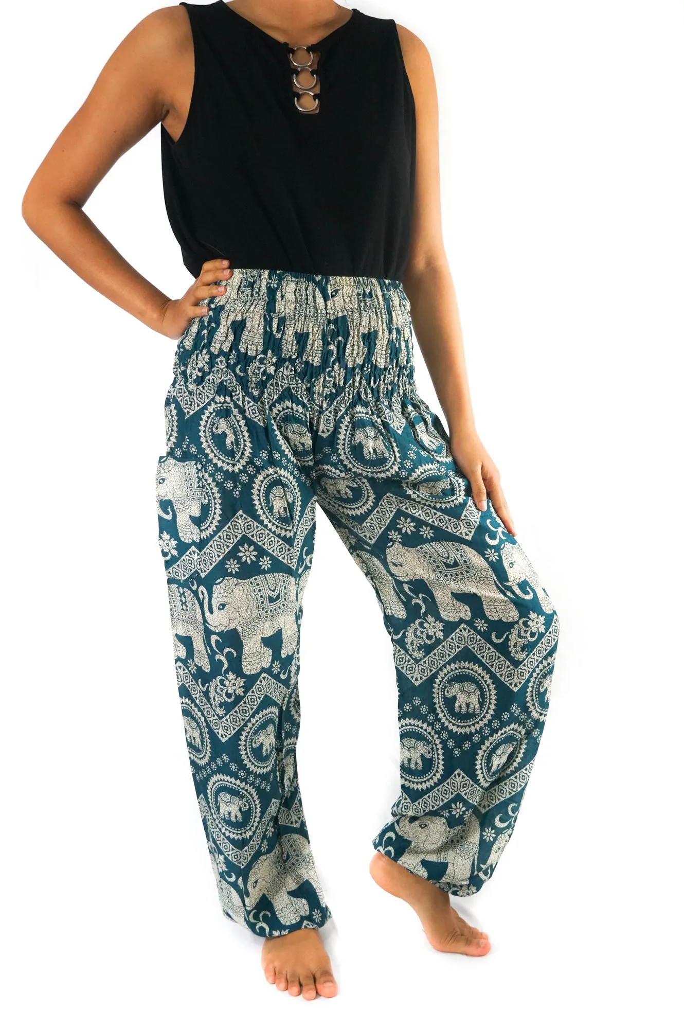 Unisex Bohemian Elephant Chevron Print Harem Pants- Teal