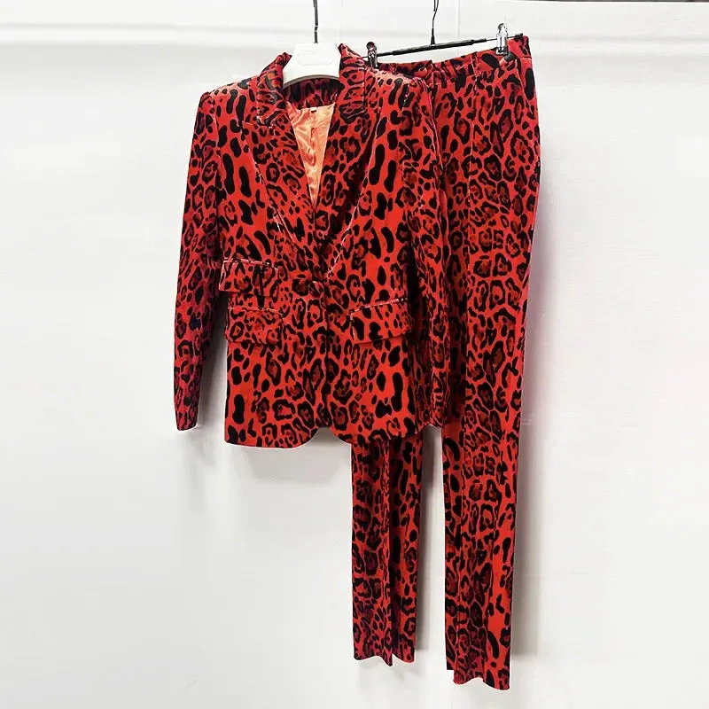 Velvet Designer Red Leopard Print Pencil Pants   Jacket 2pcs Suit