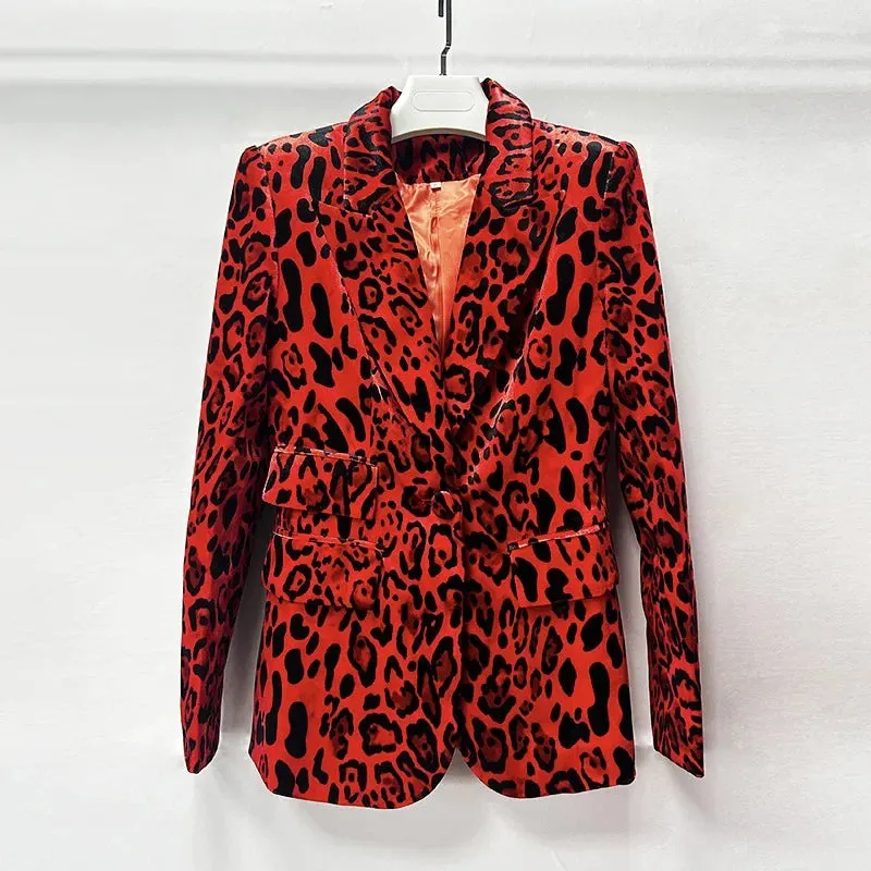 Velvet Designer Red Leopard Print Pencil Pants   Jacket 2pcs Suit