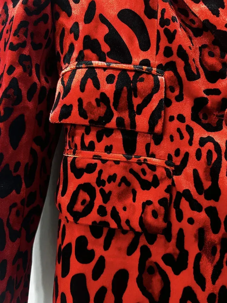 Velvet Designer Red Leopard Print Pencil Pants   Jacket 2pcs Suit