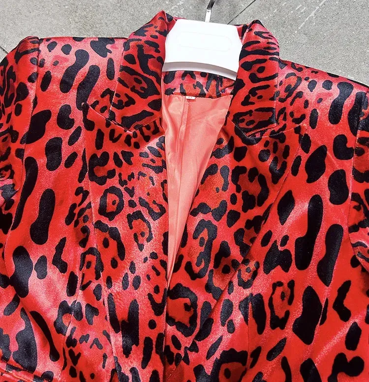 Velvet Designer Red Leopard Print Pencil Pants   Jacket 2pcs Suit